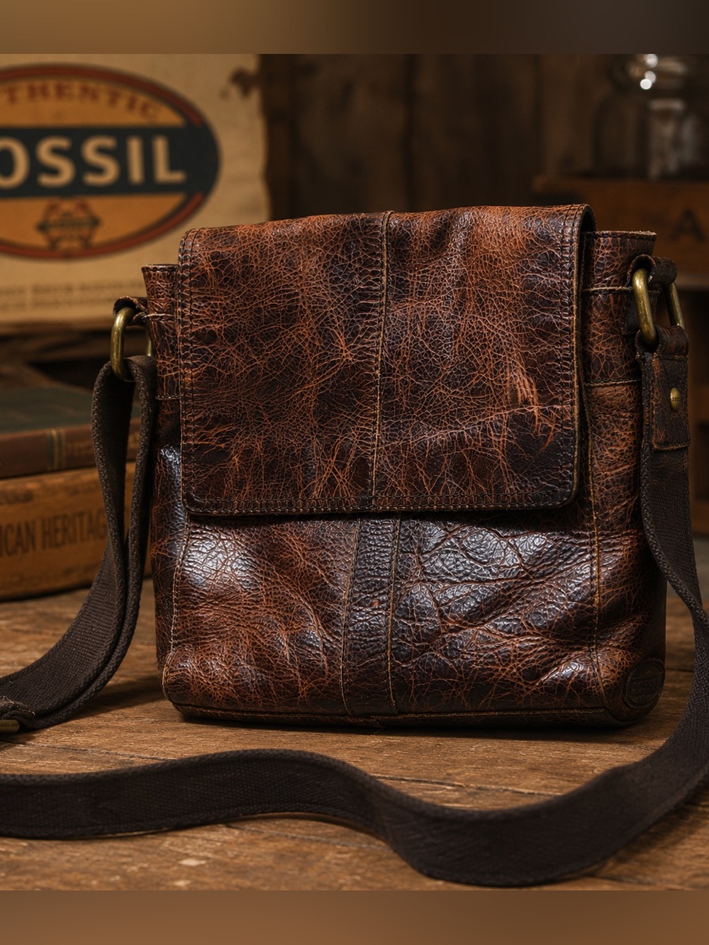 Vintage Fossil Distressed Brown Leather Crossbody Bag